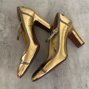 J. Crew Penelope Metallic Gold Silver Gray Mary Jane Leather Pumps Heels Size 8